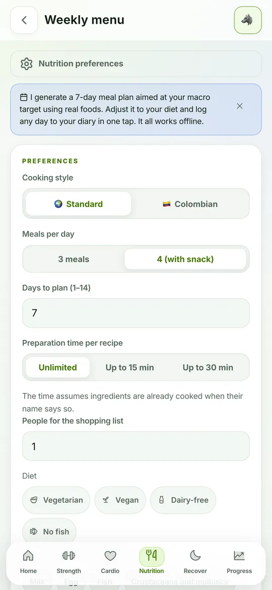 Horme meal planner settings