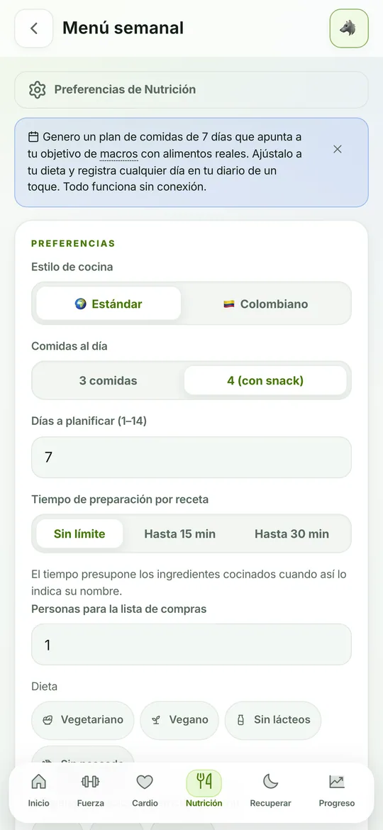 Configuración del planificador de menús de Horme