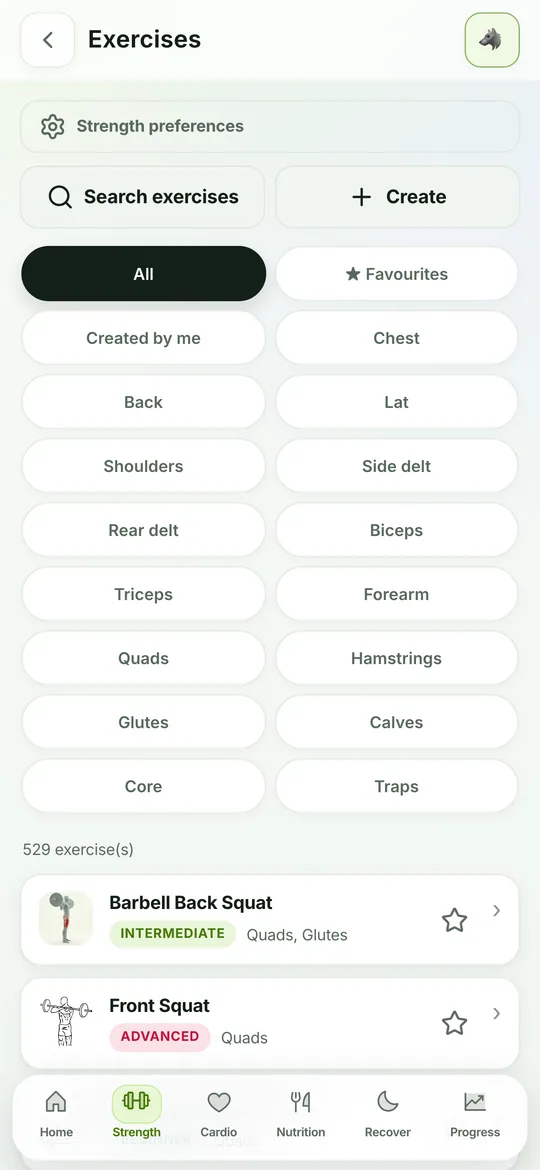 Exercise entry with animation and worked muscles