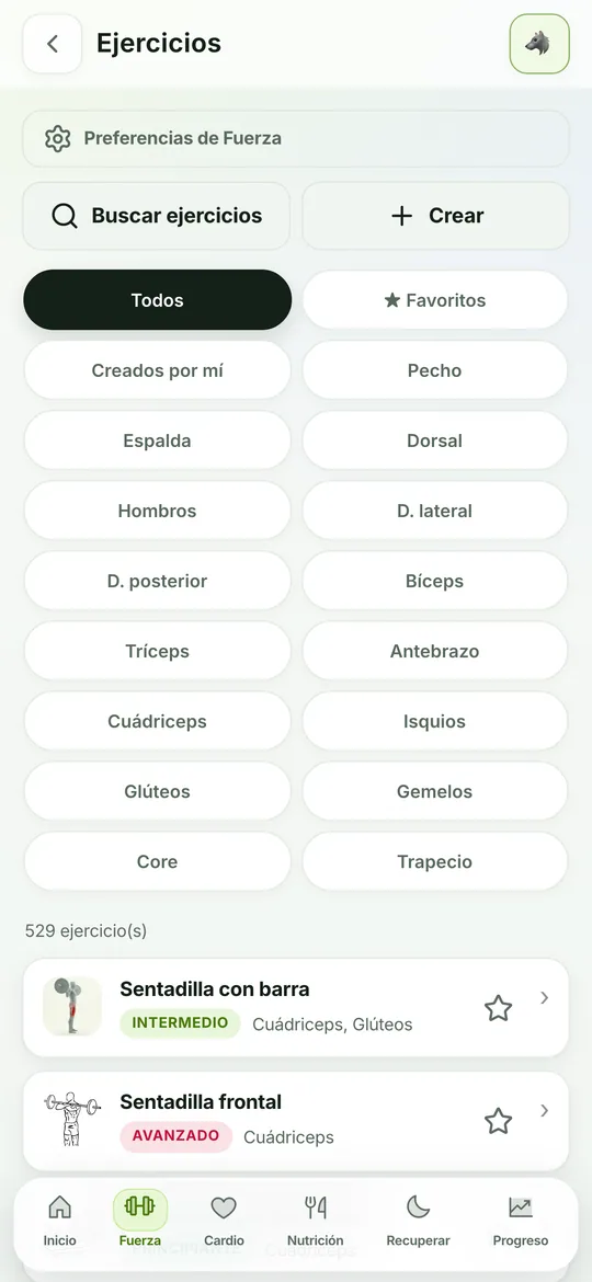 Ficha de ejercicio con animación y músculos trabajados