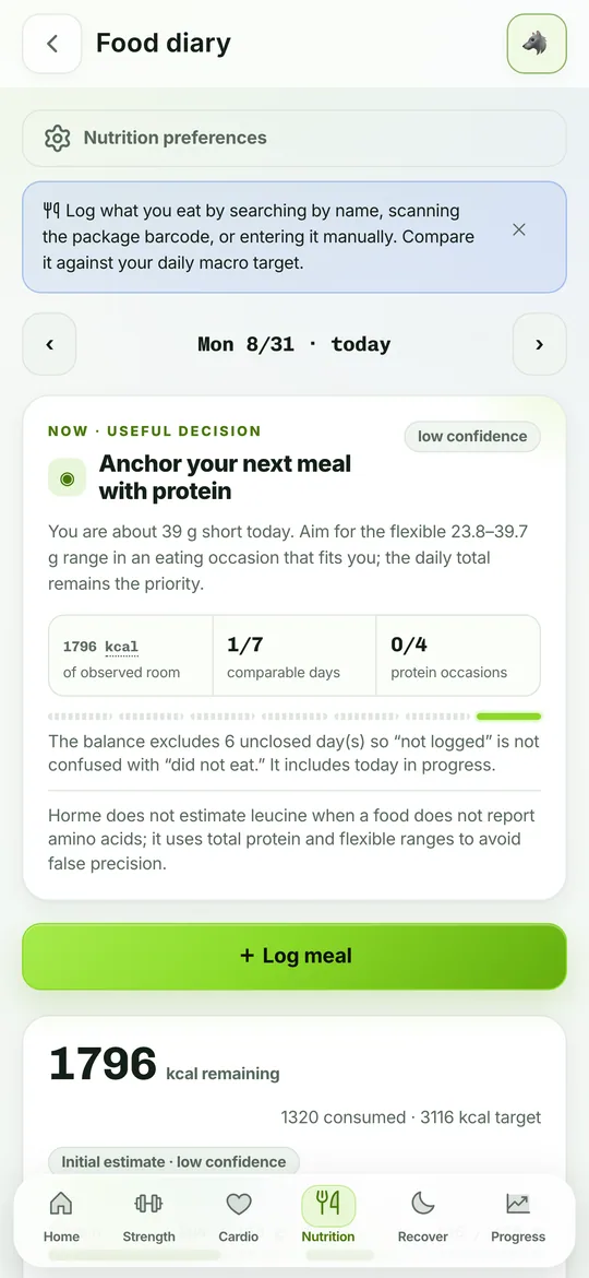 Nutrition diary with calorie and macro targets