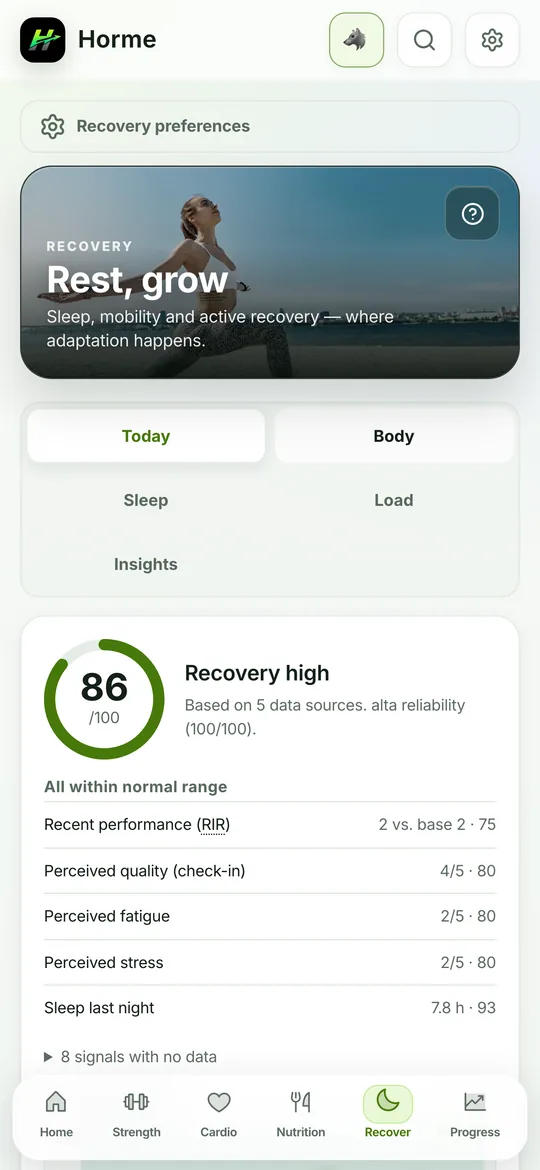 Recovery screen showing wearable data