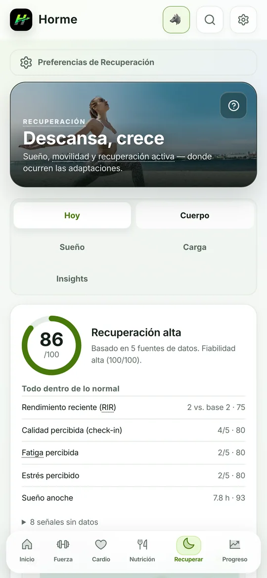 Pantalla de recuperación con sueño y fatiga