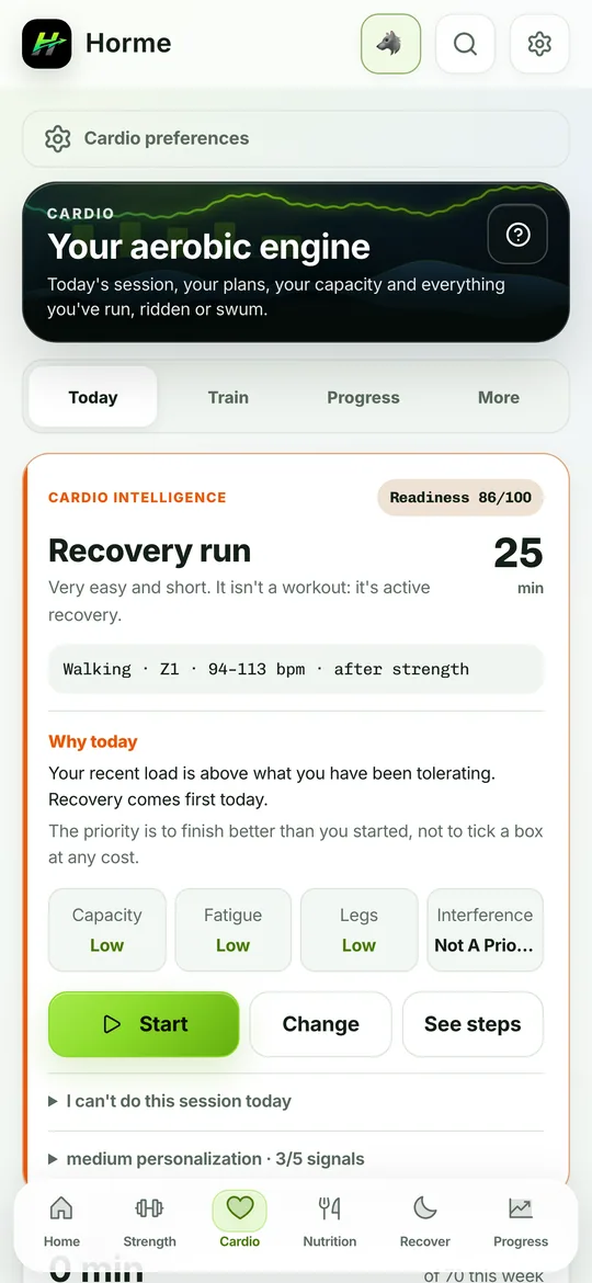The Cardio tab with the session of the day and weekly adherence