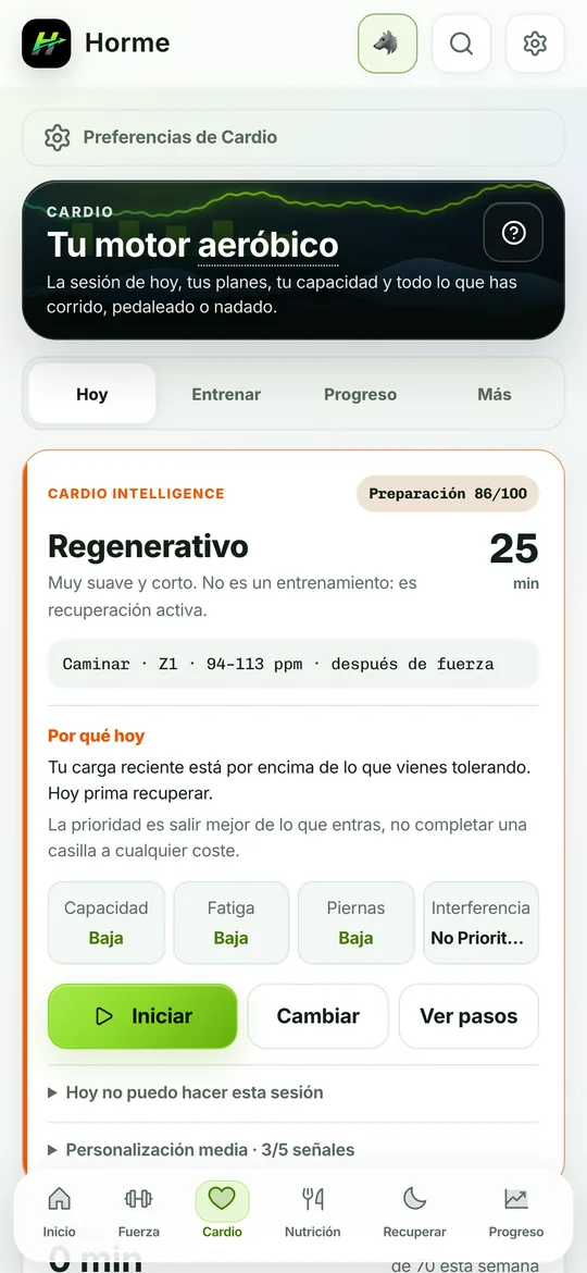 La pestaña de Cardio con la sesión del día y la adherencia semanal